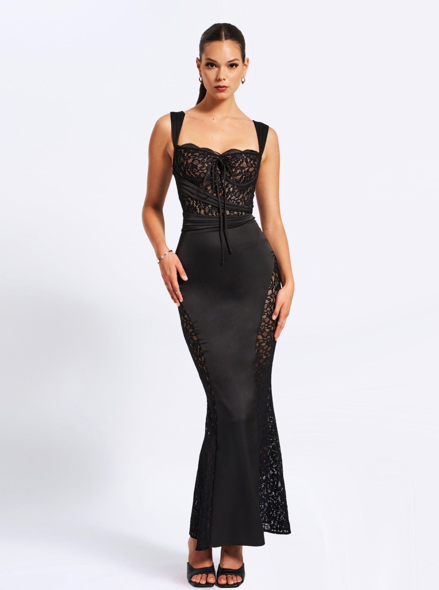 Dresses Miss Circle | Umica Black Lace And Satin Maxi Dress