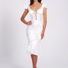 Lace Miss Circle | Zora White Satin Lace Up Flare Midi Dress With Lace Details