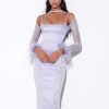 Dresses Miss Circle | Oaklie Silver Satin Mesh Sleeve Dress With Feathers