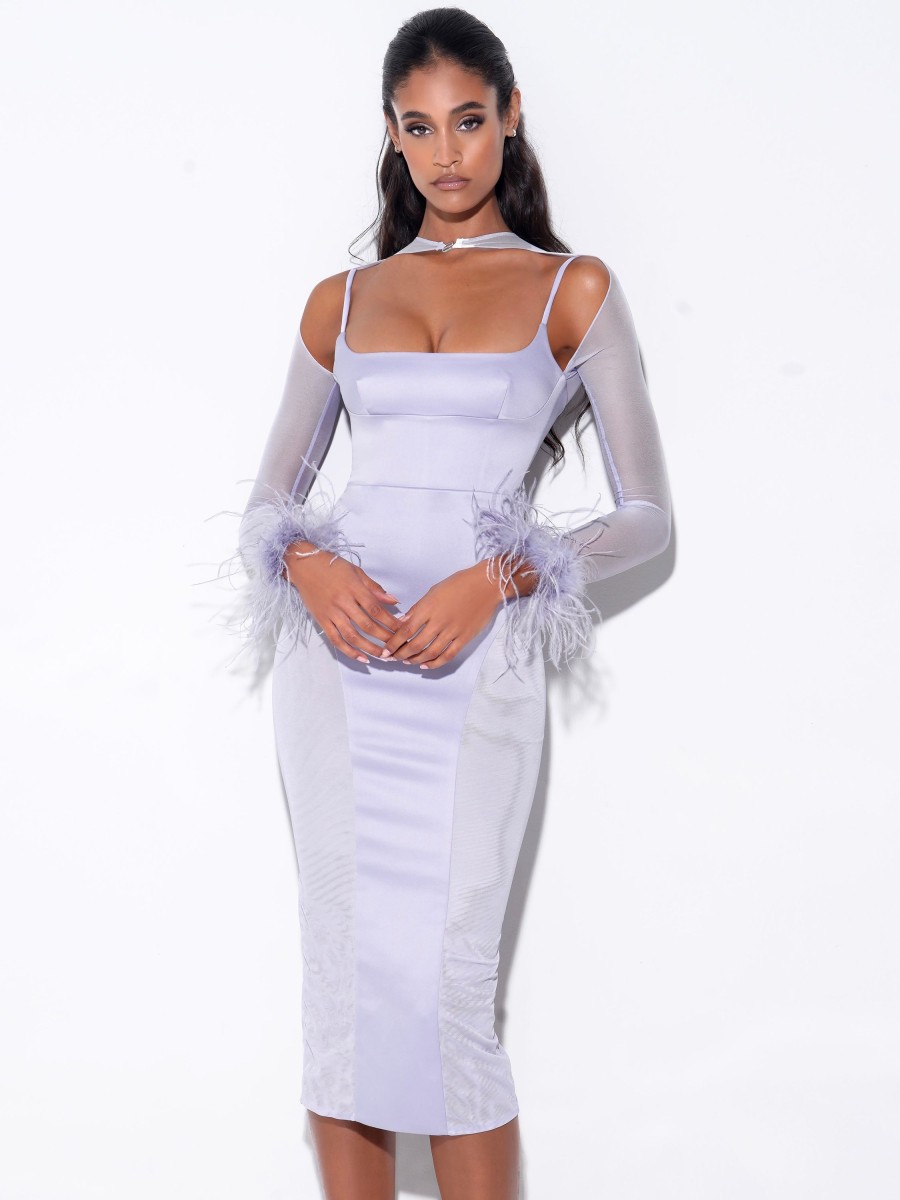 Dresses Miss Circle | Oaklie Silver Satin Mesh Sleeve Dress With Feathers