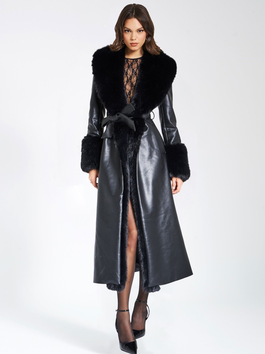 Coats Miss Circle | Zaida Black Faux Fur Trim Black Vegan Leather Coat