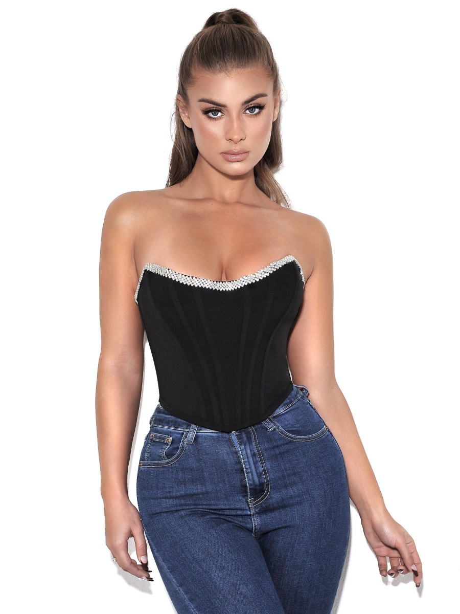 Corsets Miss Circle | Melanie Black Corset Top With Crystal Trim