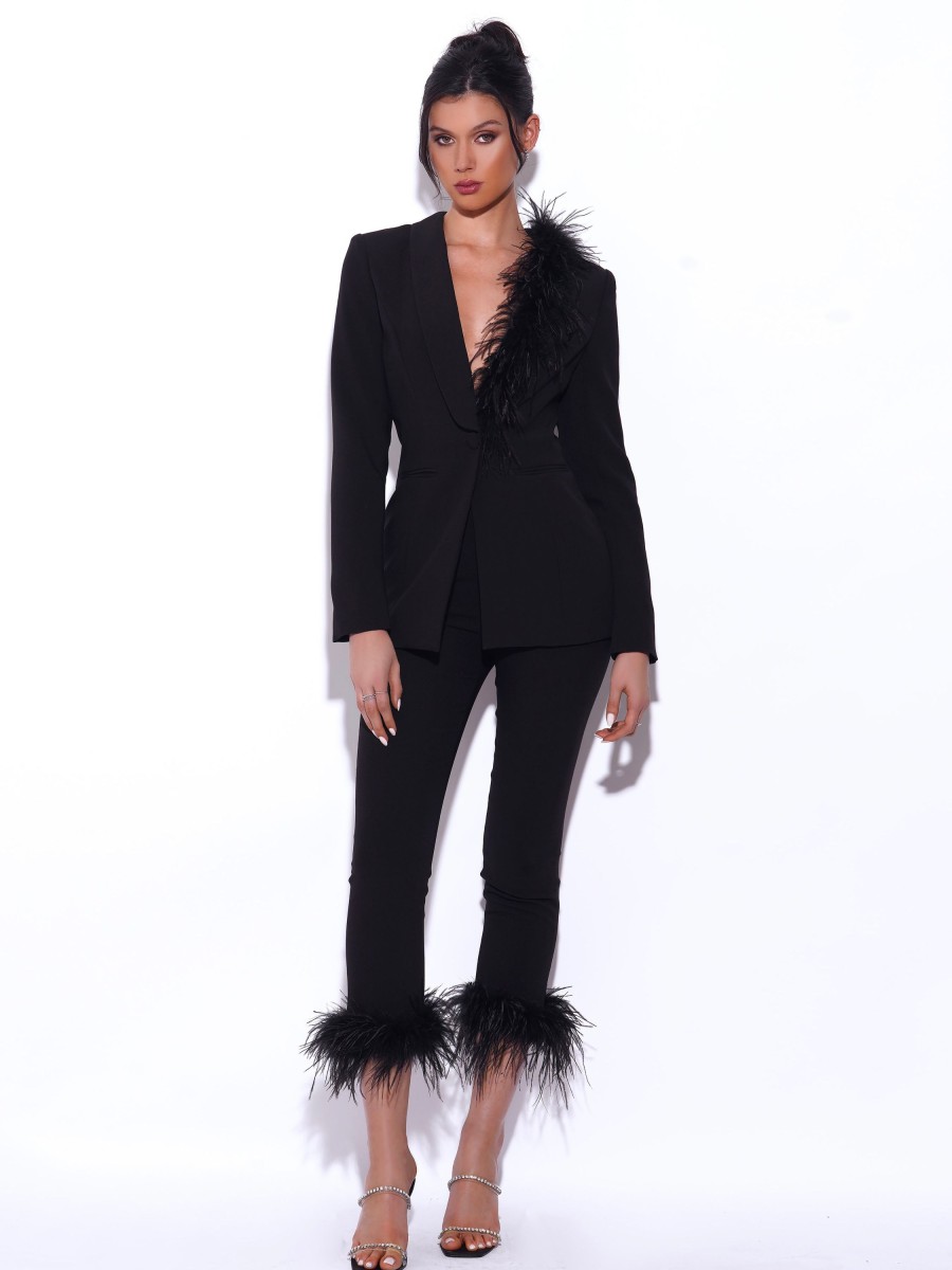 Bottoms Miss Circle | Yanely Black Pants With Feather Trim