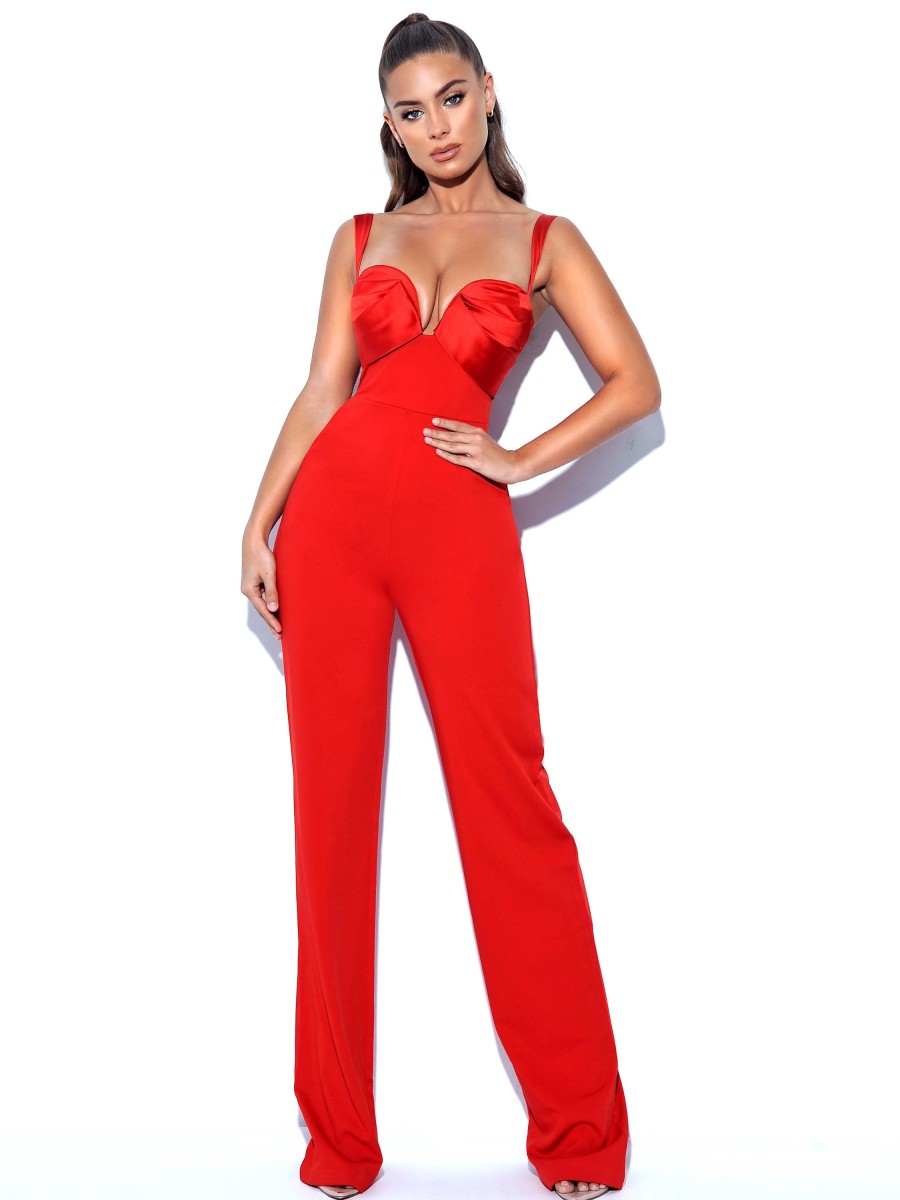 Jumpsuits Miss Circle | Onika Red Satin And Crepe Jumpsuit