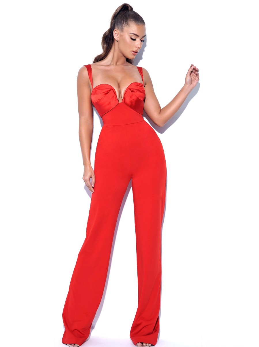 Jumpsuits Miss Circle | Onika Red Satin And Crepe Jumpsuit