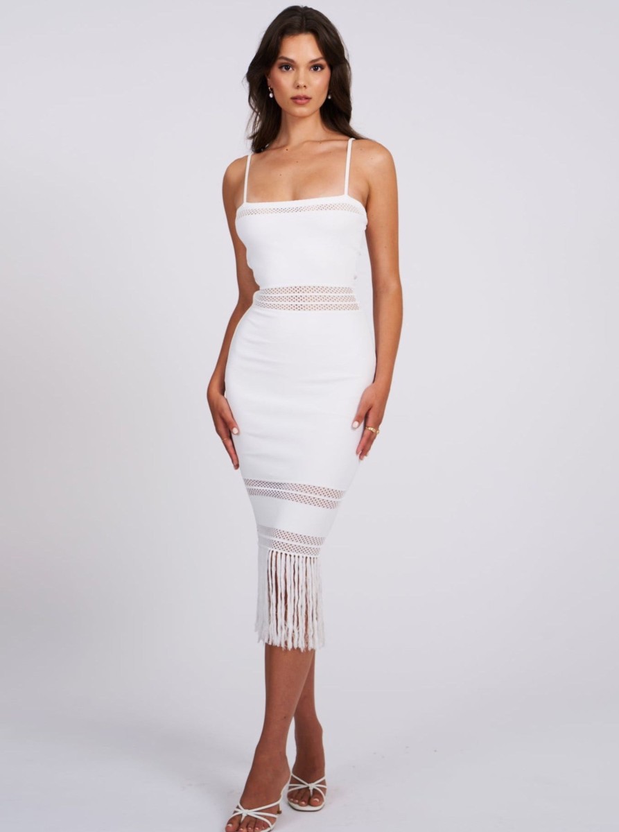 Dresses Miss Circle | Soraya White Knit Crochet Fringe Midi Dress