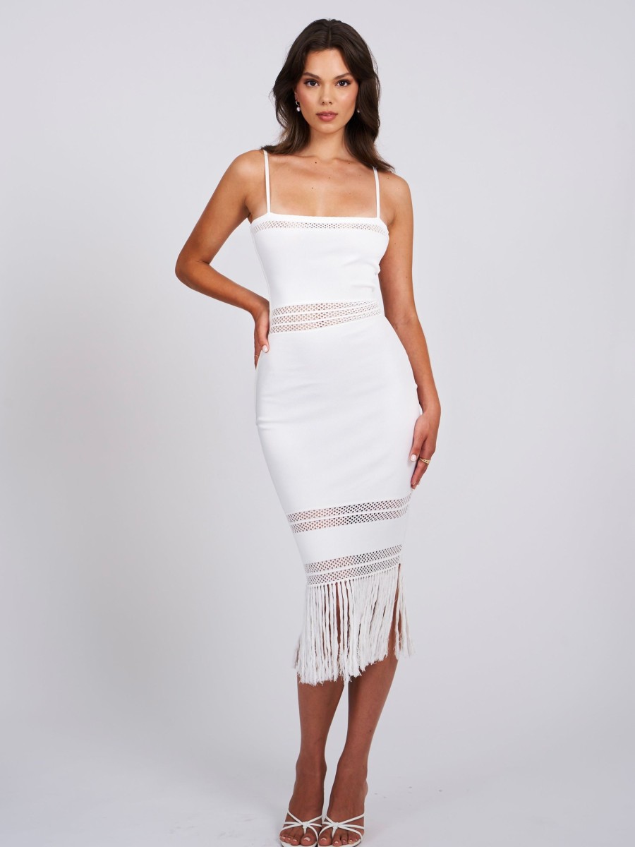 Dresses Miss Circle | Soraya White Knit Crochet Fringe Midi Dress