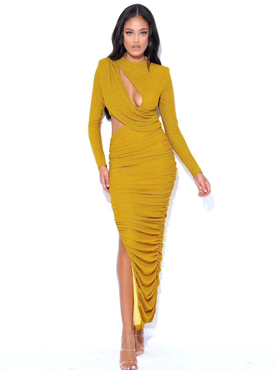 Dresses Miss Circle | Payson Gold Long Sleeve Metallic Jersey Cutout Dress