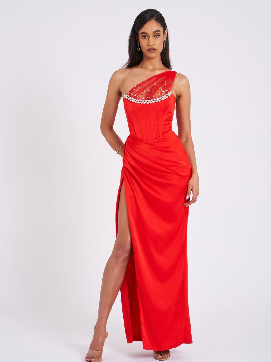 Corsets Miss Circle | Lora Scarlet Crystal Embellished Mesh Satin Corset Gown