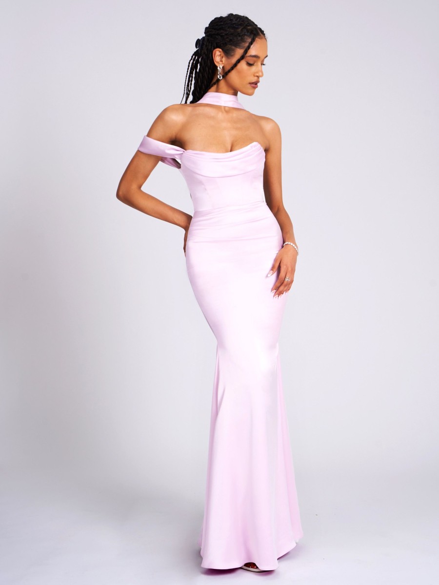 Gowns Miss Circle | Ivona Mauve Halter Neck Double Duchess Satin Gown