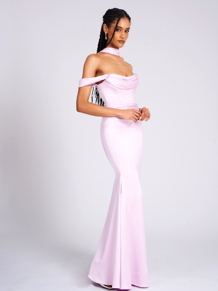 Gowns Miss Circle | Ivona Mauve Halter Neck Double Duchess Satin Gown