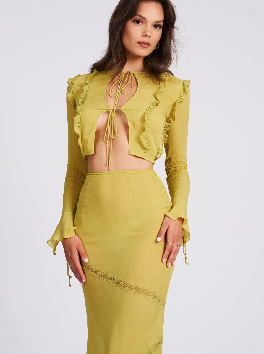 Bottoms Miss Circle | Dreda Olive Luxe Rayon Lace Trim Maxi Skirt