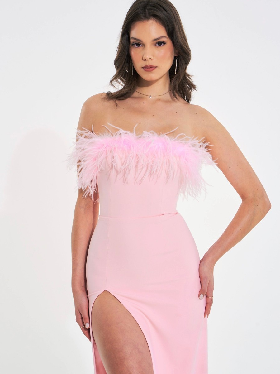 Dresses Miss Circle | Rachel Pink Feather Maxi High Slit Dress