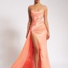 Dresses Miss Circle | Holly Coral Crystallized Corset High Slit Satin Gown