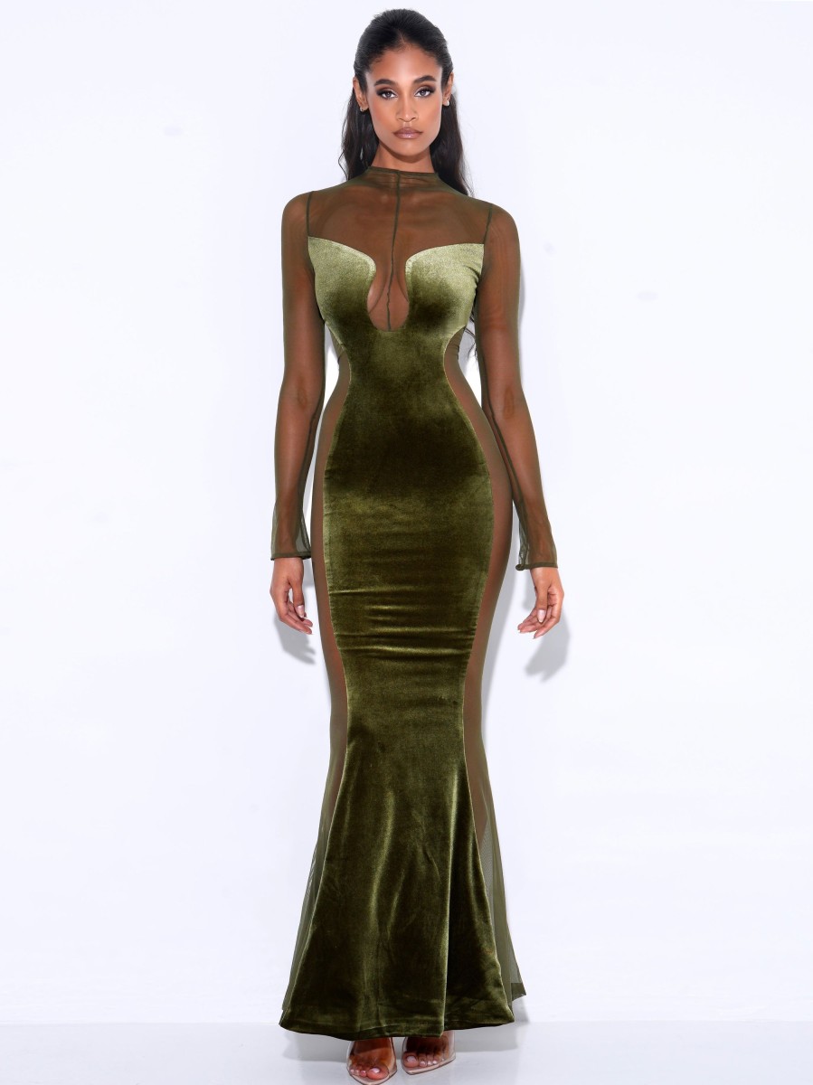 Dresses Miss Circle | Paislee Olive Green Velvet Mesh Long Sleeve Gown