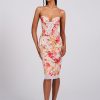 Lace Miss Circle | Florianne Red Floral Print Satin Midi Dress With Lace Details