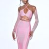 Dresses Miss Circle | Dionne Pink Lace Up Bandage Dress With Sheer Mesh Sleeve