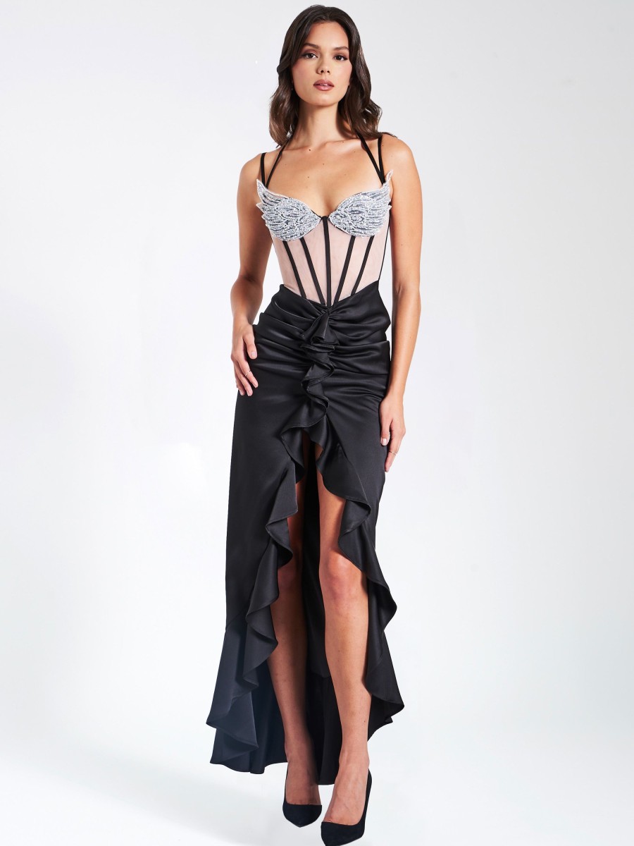 Gowns Miss Circle | Rafaela Black Satin Corset Sequin Wing Cup Dress