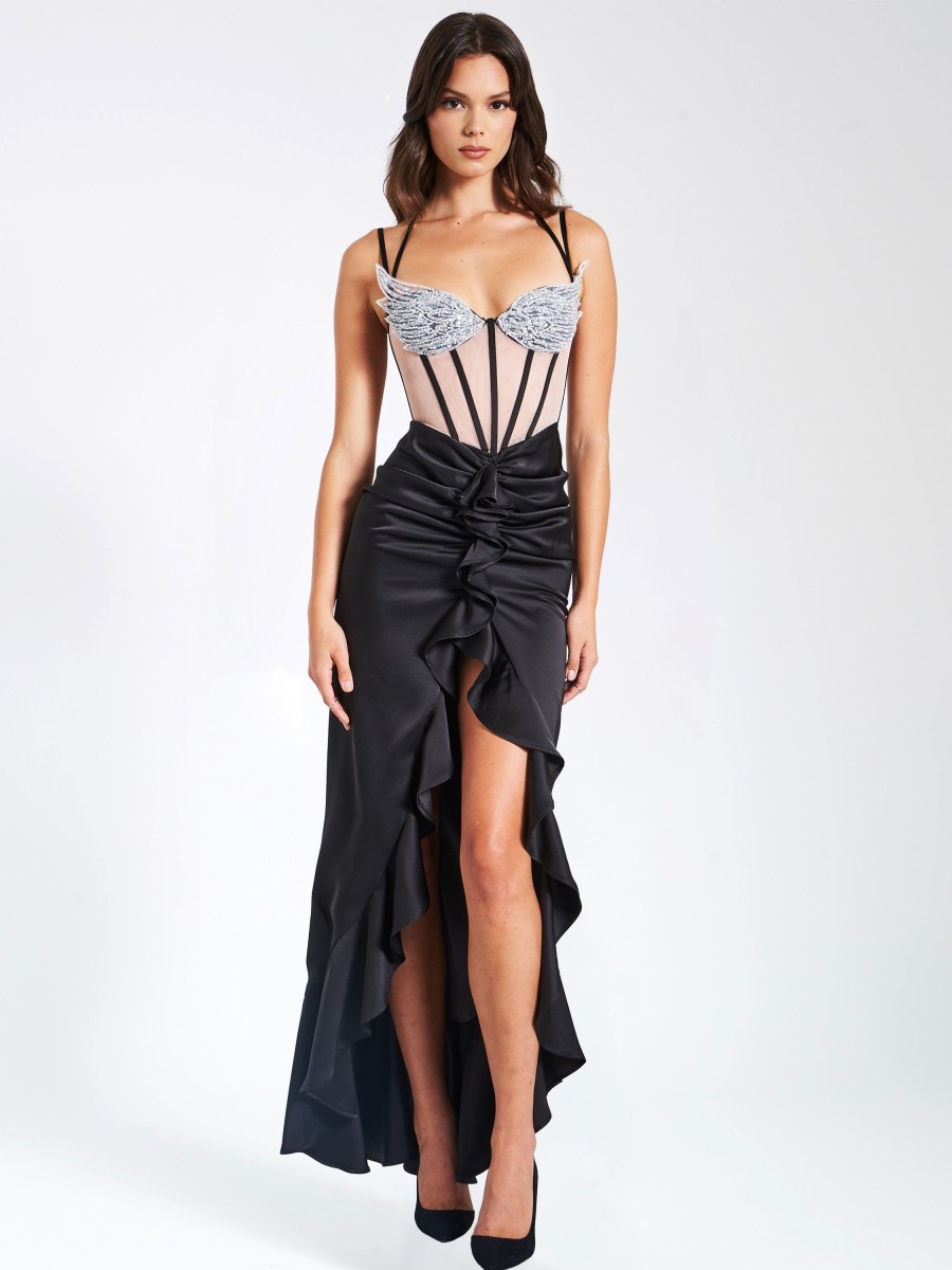 Gowns Miss Circle | Rafaela Black Satin Corset Sequin Wing Cup Dress