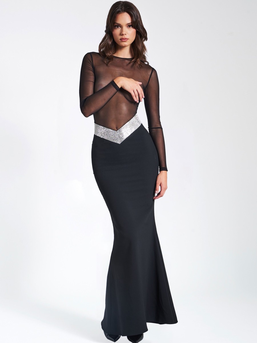 Dresses Miss Circle | Aggie Black Sheer Maxi Dress With Crystal Waist Trim